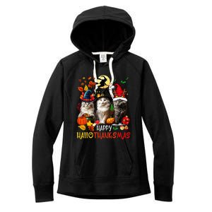 Halloween Thanksgiving Christmas Happy Hallothanksmas Cats Women's Fleece Hoodie