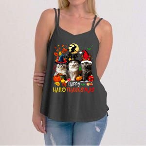 Halloween Thanksgiving Christmas Happy Hallothanksmas Cats Women's Strappy Tank