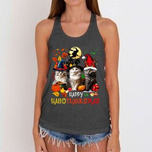 Halloween Thanksgiving Christmas Happy Hallothanksmas Cats Women's Knotted Racerback Tank