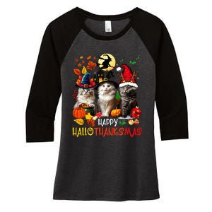 Halloween Thanksgiving Christmas Happy Hallothanksmas Cats Women's Tri-Blend 3/4-Sleeve Raglan Shirt