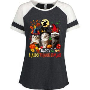 Halloween Thanksgiving Christmas Happy Hallothanksmas Cats Enza Ladies Jersey Colorblock Tee