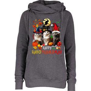 Halloween Thanksgiving Christmas Happy Hallothanksmas Cats Womens Funnel Neck Pullover Hood