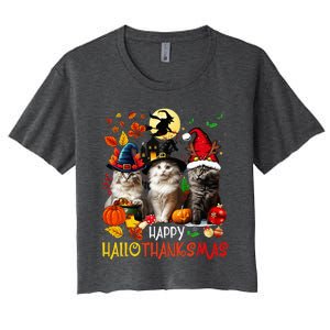 Halloween Thanksgiving Christmas Happy Hallothanksmas Cats Women's Crop Top Tee