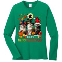 Halloween Thanksgiving Christmas Happy Hallothanksmas Cats Ladies Long Sleeve Shirt