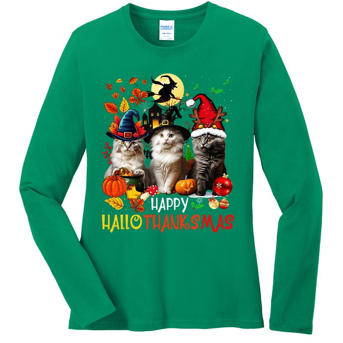 Halloween Thanksgiving Christmas Happy Hallothanksmas Cats Ladies Long Sleeve Shirt