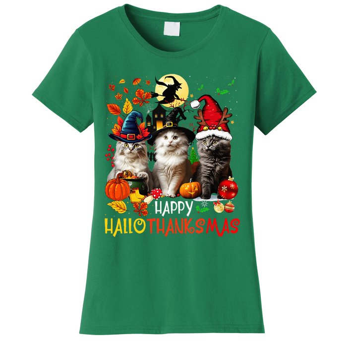 Halloween Thanksgiving Christmas Happy Hallothanksmas Cats Women's T-Shirt