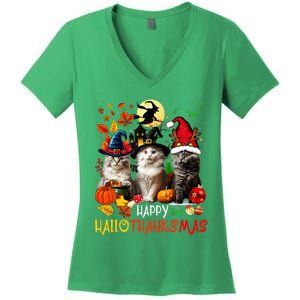 Halloween Thanksgiving Christmas Happy Hallothanksmas Cats Women's V-Neck T-Shirt