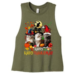 Halloween Thanksgiving Christmas Happy Hallothanksmas Cats Women's Racerback Cropped Tank