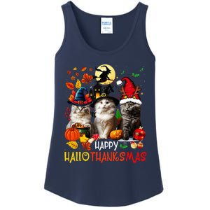 Halloween Thanksgiving Christmas Happy Hallothanksmas Cats Ladies Essential Tank