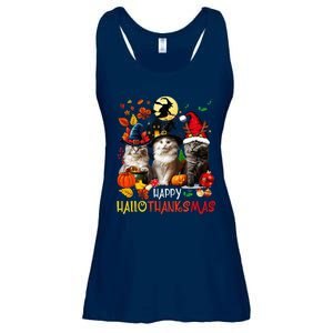 Halloween Thanksgiving Christmas Happy Hallothanksmas Cats Ladies Essential Flowy Tank