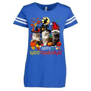 Halloween Thanksgiving Christmas Happy Hallothanksmas Cats Enza Ladies Jersey Football T-Shirt