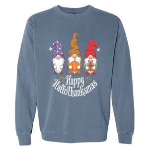 Halloween Thanksgiving Christmas Happy Hallothanksmas Gnomes Gift Garment-Dyed Sweatshirt