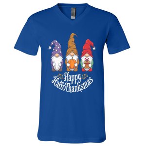 Halloween Thanksgiving Christmas Happy Hallothanksmas Gnomes Gift V-Neck T-Shirt