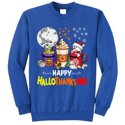 Halloween Thanksgiving Christmas Happy Hallothanksmas Coffee Cute Gift Tall Sweatshirt