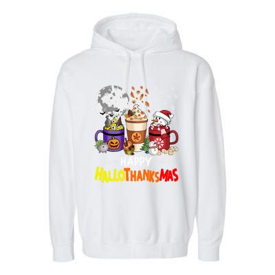 Halloween Thanksgiving Christmas Happy Hallothanksmas Coffee Cute Gift Garment-Dyed Fleece Hoodie