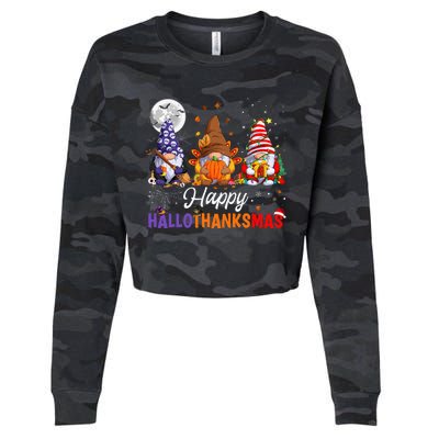 Halloween Thanksgiving Christmas Happy HalloThanksMas Gnomes Cropped Pullover Crew