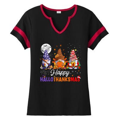 Halloween Thanksgiving Christmas Happy HalloThanksMas Gnomes Ladies Halftime Notch Neck Tee