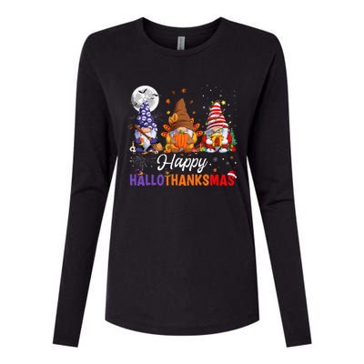 Halloween Thanksgiving Christmas Happy HalloThanksMas Gnomes Womens Cotton Relaxed Long Sleeve T-Shirt