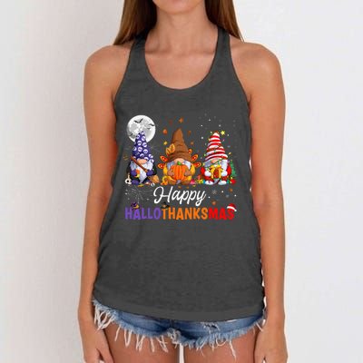 Halloween Thanksgiving Christmas Happy HalloThanksMas Gnomes Women's Knotted Racerback Tank