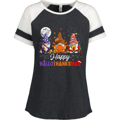 Halloween Thanksgiving Christmas Happy HalloThanksMas Gnomes Enza Ladies Jersey Colorblock Tee