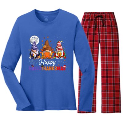 Halloween Thanksgiving Christmas Happy HalloThanksMas Gnomes Women's Long Sleeve Flannel Pajama Set 