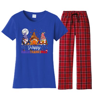 Halloween Thanksgiving Christmas Happy HalloThanksMas Gnomes Women's Flannel Pajama Set