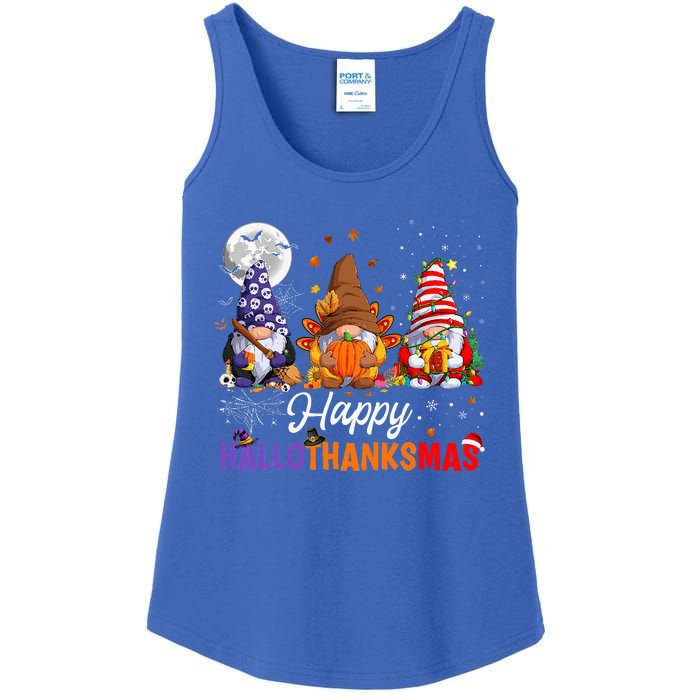 Halloween Thanksgiving Christmas Happy HalloThanksMas Gnomes Ladies Essential Tank