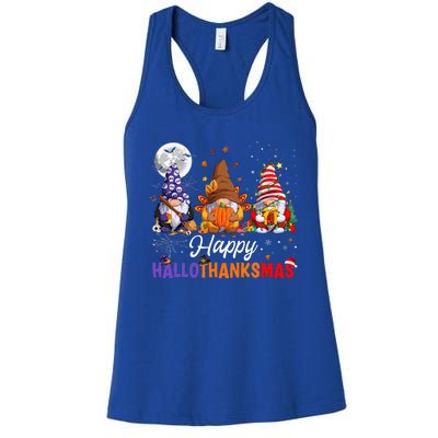 Halloween Thanksgiving Christmas Happy HalloThanksMas Gnomes Women's Racerback Tank