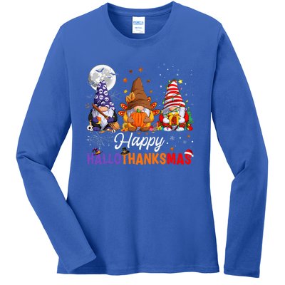 Halloween Thanksgiving Christmas Happy HalloThanksMas Gnomes Ladies Long Sleeve Shirt