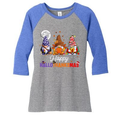 Halloween Thanksgiving Christmas Happy HalloThanksMas Gnomes Women's Tri-Blend 3/4-Sleeve Raglan Shirt