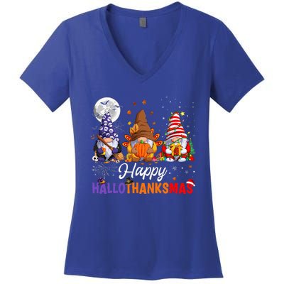 Halloween Thanksgiving Christmas Happy HalloThanksMas Gnomes Women's V-Neck T-Shirt