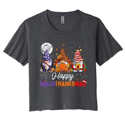 Halloween Thanksgiving Christmas Happy HalloThanksMas Gnomes Women's Crop Top Tee