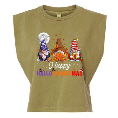 Halloween Thanksgiving Christmas Happy HalloThanksMas Gnomes Garment-Dyed Women's Muscle Tee