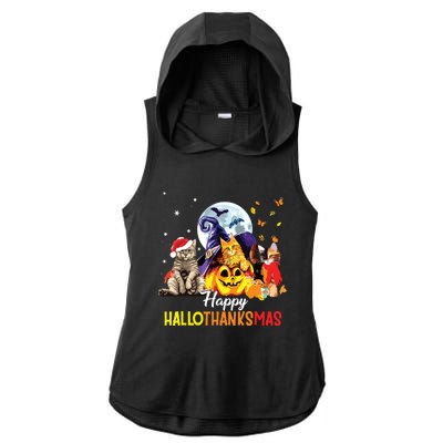 Happy Thanksgiving Cute Cat Happyhallothanksmas Ladies PosiCharge Tri-Blend Wicking Draft Hoodie Tank