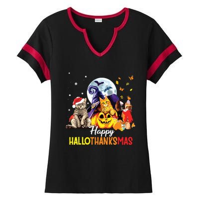 Happy Thanksgiving Cute Cat Happyhallothanksmas Ladies Halftime Notch Neck Tee