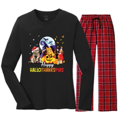 Happy Thanksgiving Cute Cat Happyhallothanksmas Women's Long Sleeve Flannel Pajama Set 