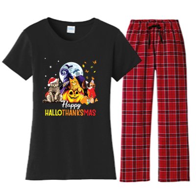 Happy Thanksgiving Cute Cat Happyhallothanksmas Women's Flannel Pajama Set