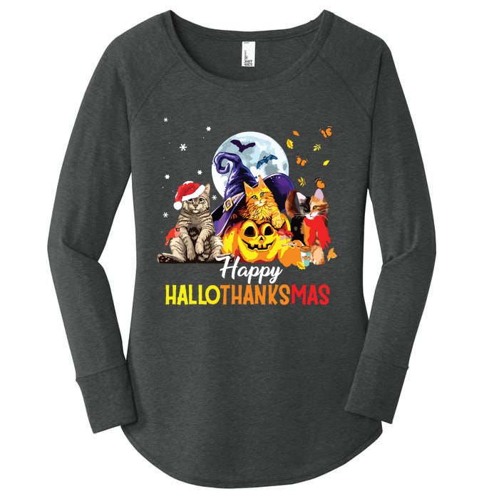 Happy Thanksgiving Cute Cat Happyhallothanksmas Women's Perfect Tri Tunic Long Sleeve Shirt