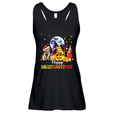 Happy Thanksgiving Cute Cat Happyhallothanksmas Ladies Essential Flowy Tank