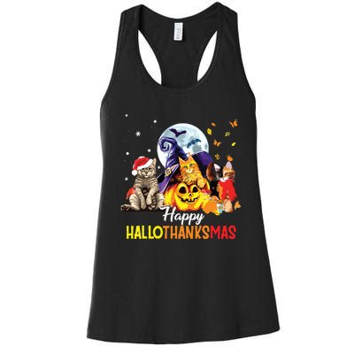 Happy Thanksgiving Cute Cat Happyhallothanksmas Women's Racerback Tank