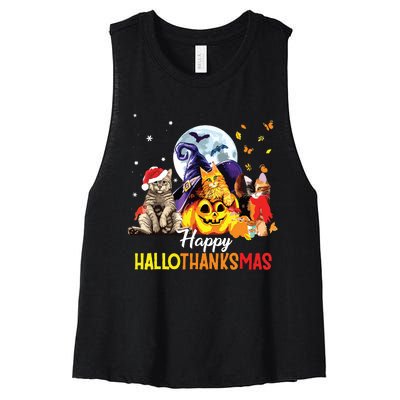 Happy Thanksgiving Cute Cat Happyhallothanksmas Women's Racerback Cropped Tank