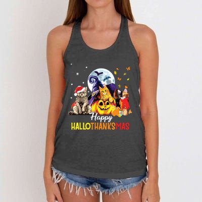 Happy Thanksgiving Cute Cat Happyhallothanksmas Women's Knotted Racerback Tank