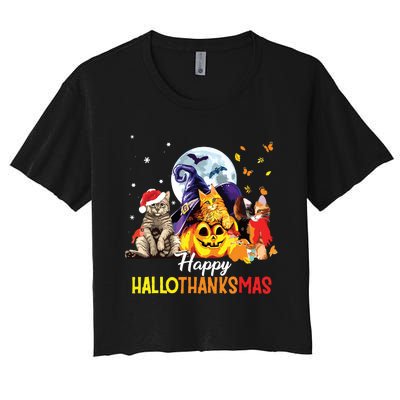 Happy Thanksgiving Cute Cat Happyhallothanksmas Women's Crop Top Tee