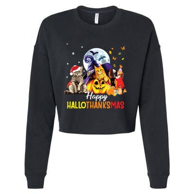 Happy Thanksgiving Cute Cat Happyhallothanksmas Cropped Pullover Crew