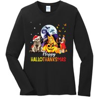 Happy Thanksgiving Cute Cat Happyhallothanksmas Ladies Long Sleeve Shirt