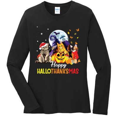 Happy Thanksgiving Cute Cat Happyhallothanksmas Ladies Long Sleeve Shirt