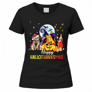 Happy Thanksgiving Cute Cat Happyhallothanksmas Women's T-Shirt