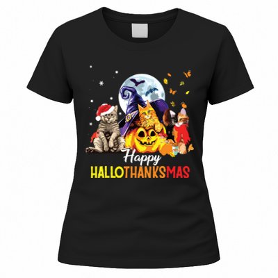 Happy Thanksgiving Cute Cat Happyhallothanksmas Women's T-Shirt