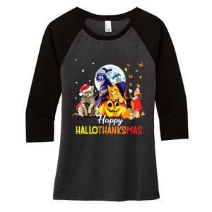 Happy Thanksgiving Cute Cat Happyhallothanksmas Women's Tri-Blend 3/4-Sleeve Raglan Shirt