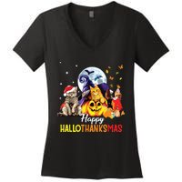 Happy Thanksgiving Cute Cat Happyhallothanksmas Women's V-Neck T-Shirt